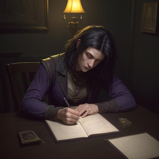 Dark Fantasy: Man Writing in Diary by Lamp