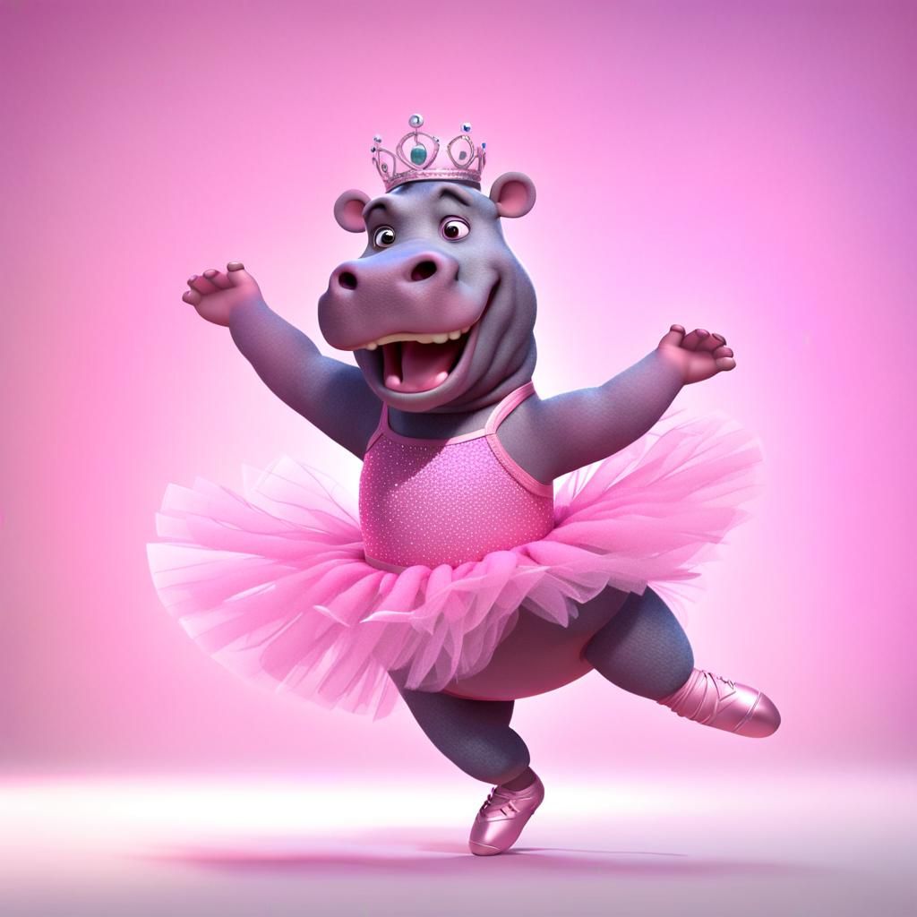 Cartoon Hippo in Tutu, Pixar-Style 3D Animation
