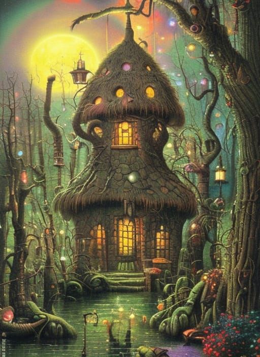 Magical Wizard's Hut in Swamp: Detailed Digital Painting