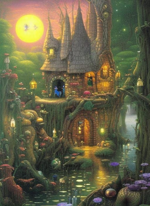 Magical Wizard's Hut in Swamp, Digital Oil Painting