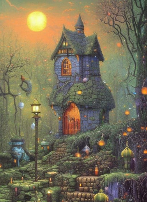 Magical Wizard's Hut in Swamp: Digital Oil Painting