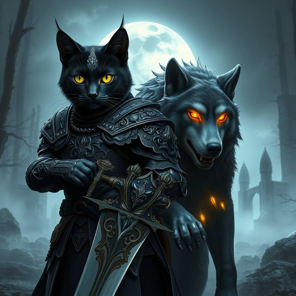 Armored Cat and Wolf in Mystical Forest
