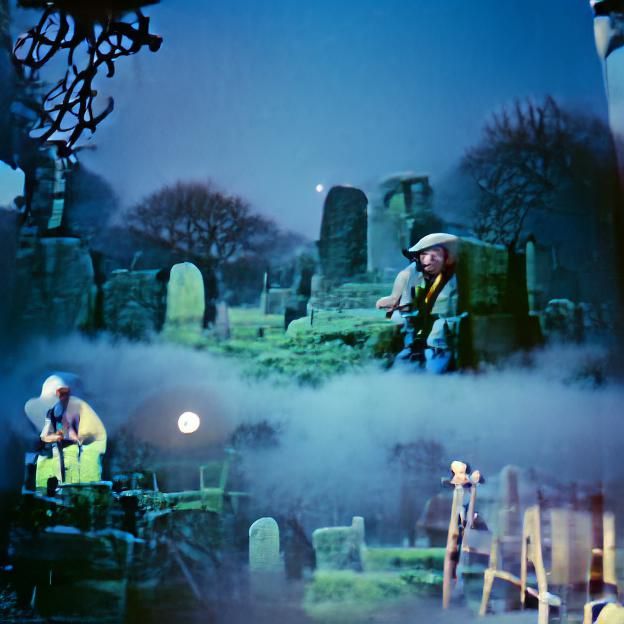 Gravediggers in Misty Moonlit Graveyard: 35mm Photo