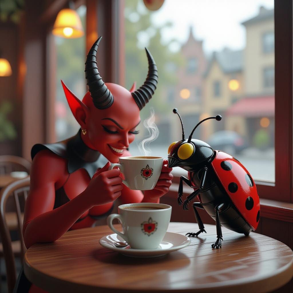 Cartoon Devil Sips Coffee with Romantic Ladybugs