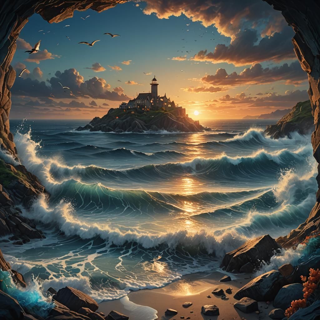 Fantastical Seashore Sunset in Detailed Matte Painting