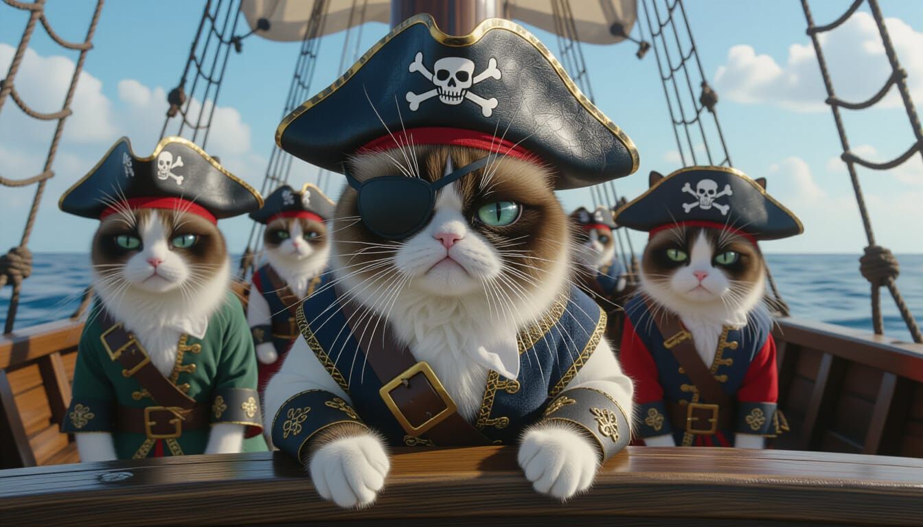 Pirate Captain Grumpy Cat with his crew