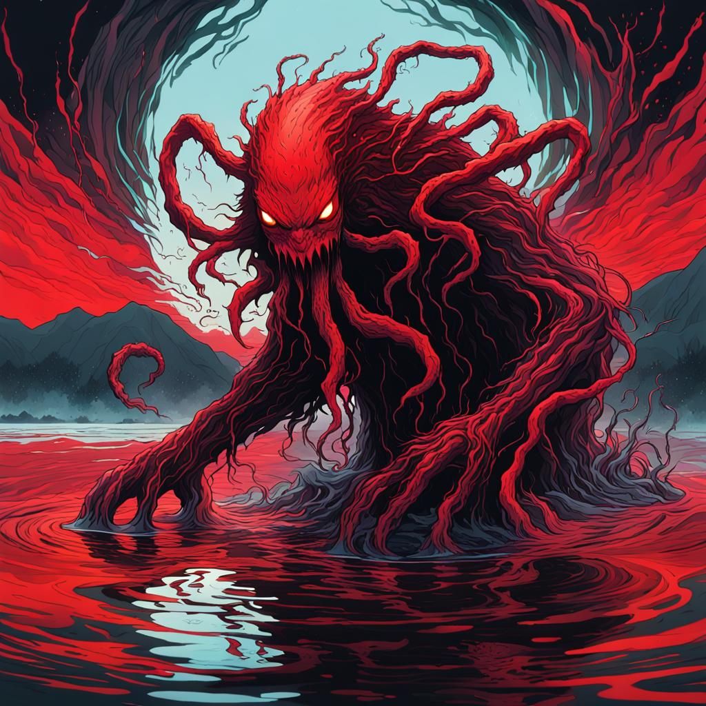 Eldritch Horror Emerges from Lake in Anime Style