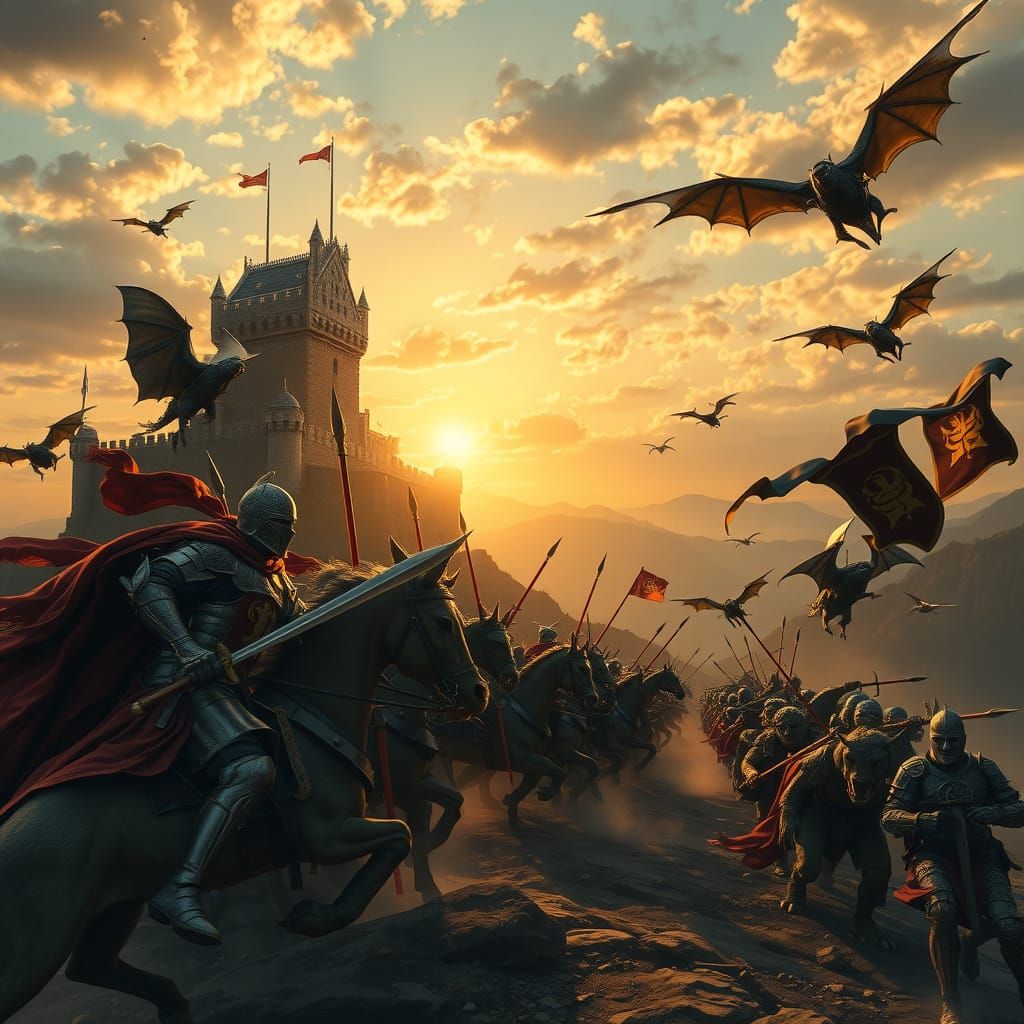 An epic medieval fantasy battle in front of a massive ancien...