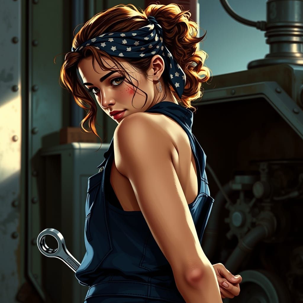 Futuristic Female Mechanic in Dark Blue Overalls