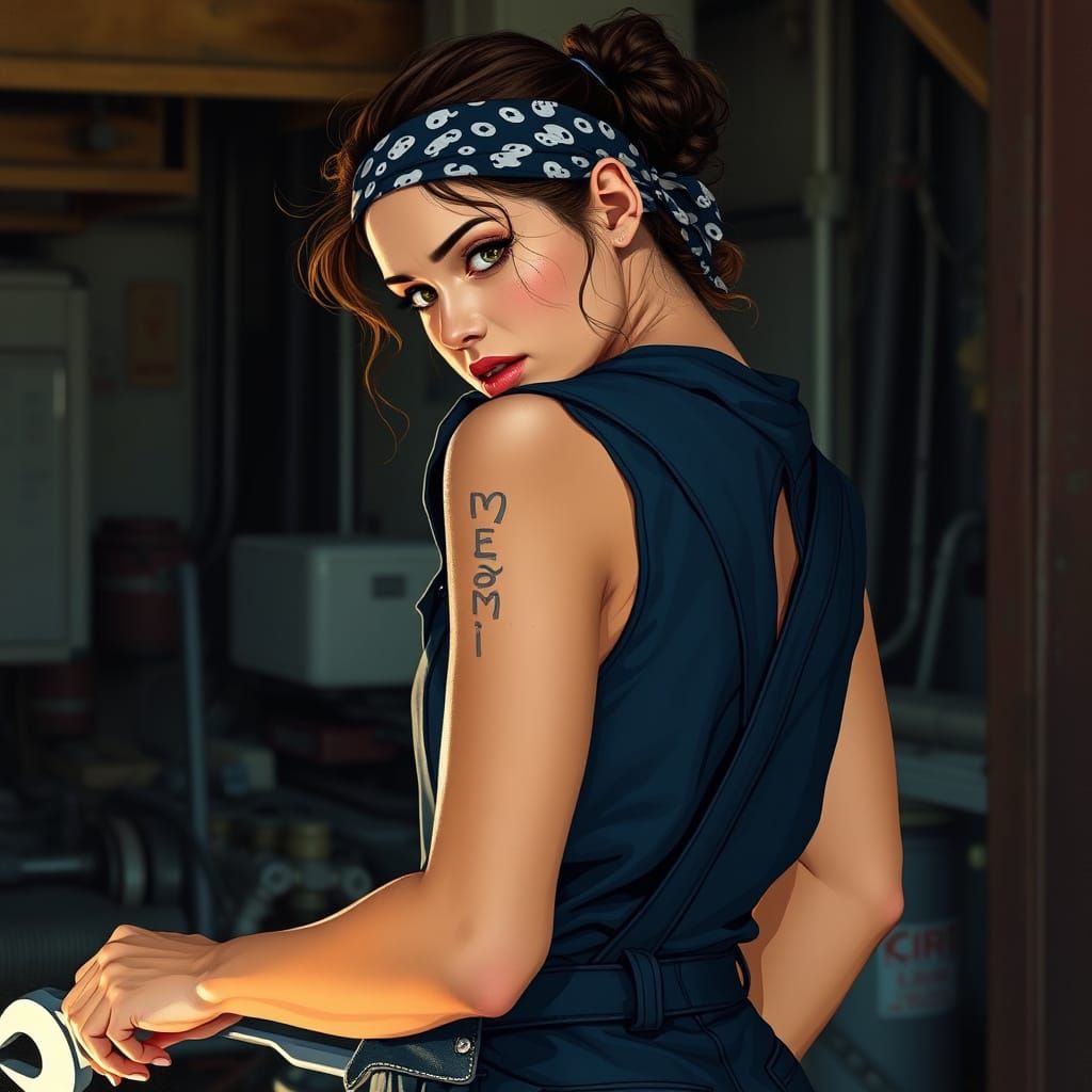 Futuristic Female Mechanic in Dark Blue Overalls