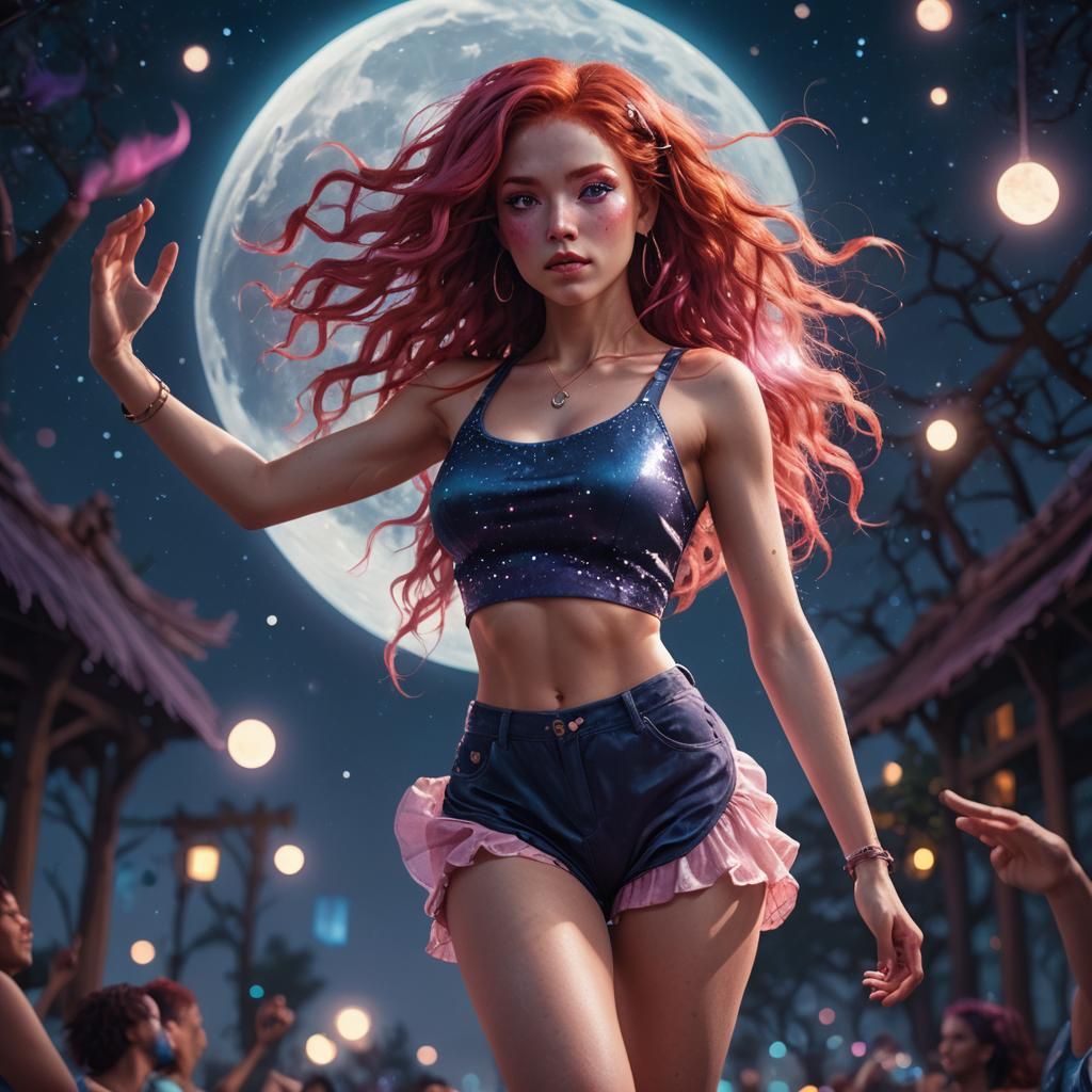 Giant Redhead Dances Under Blue Moon: Digital Art