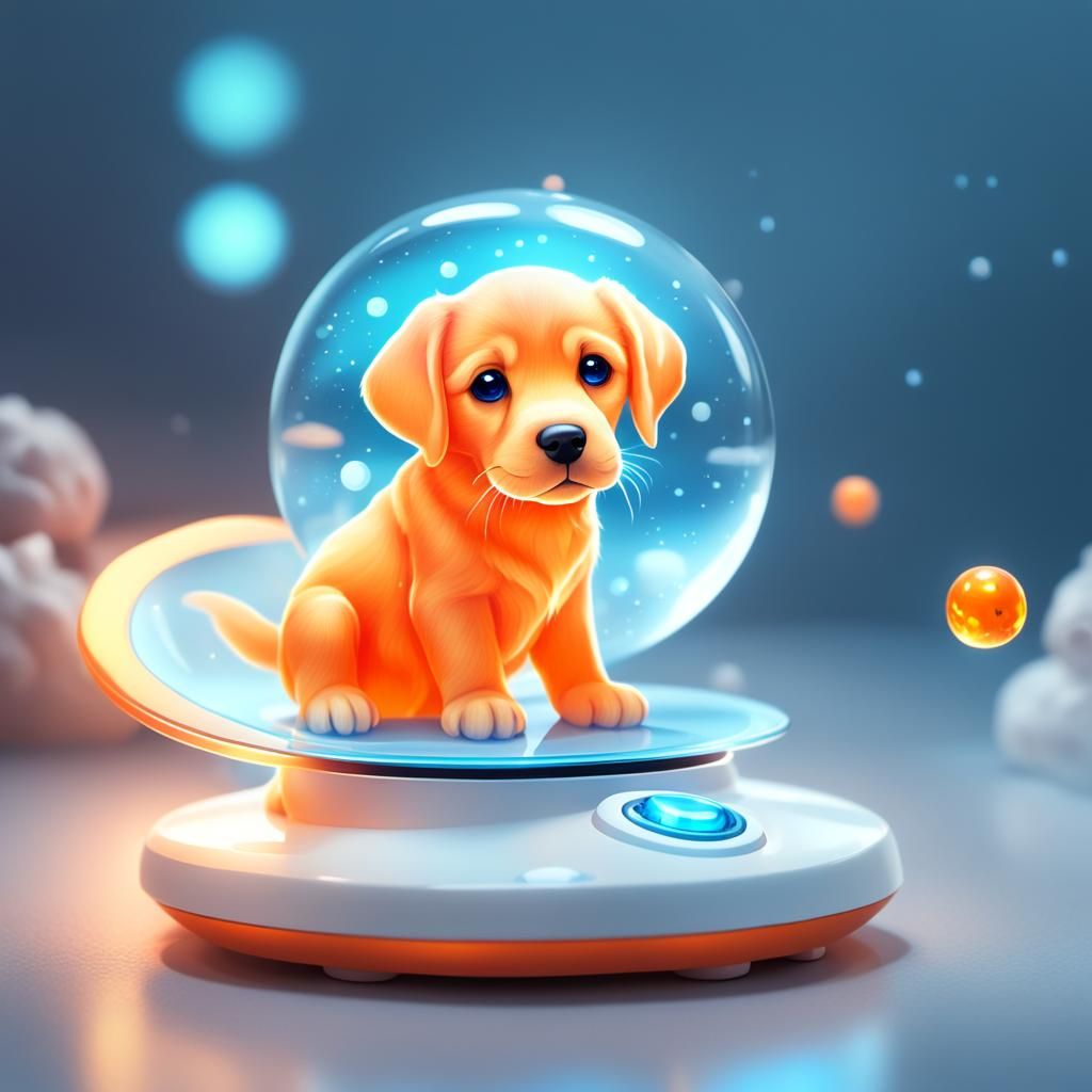 Orange Toy Phone Projecting Labrador Puppy Hologram
