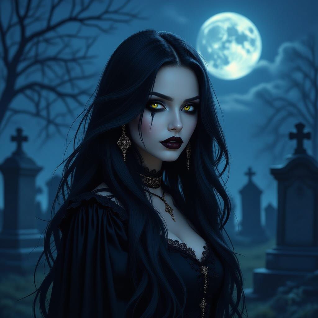 Gothic Girl in Moonlit Cemetery, Dark Fantasy Art