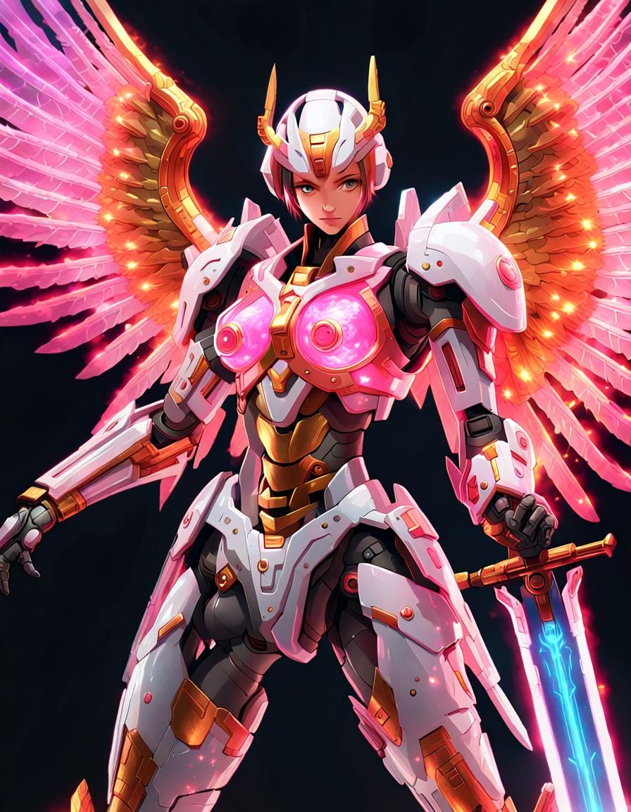 Mecha Angel with Fiery Sword in Digital Art Style