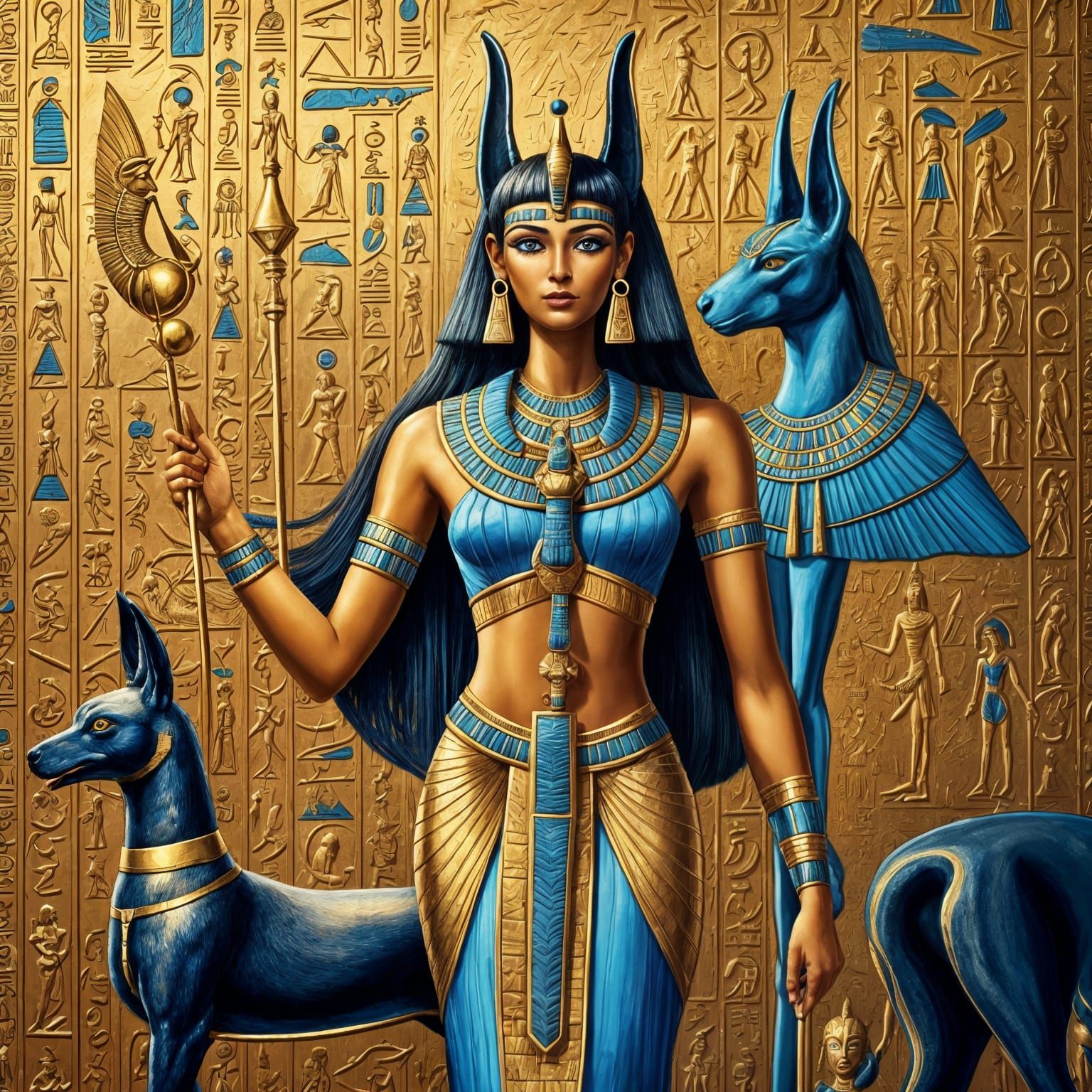 Egyptian Goddess with Scarab and Anubis