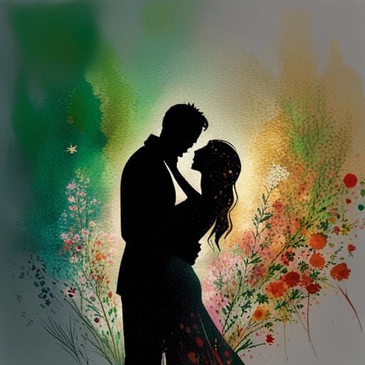 Watercolor Silhouette: Happy Couple in Golden Hour