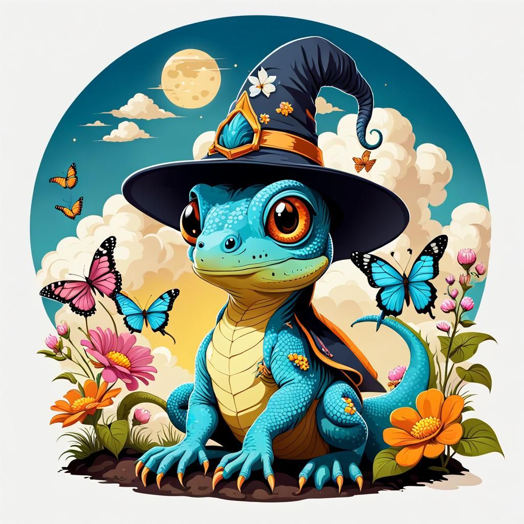 Cute Cartoon Lizard Wizard with Flowers