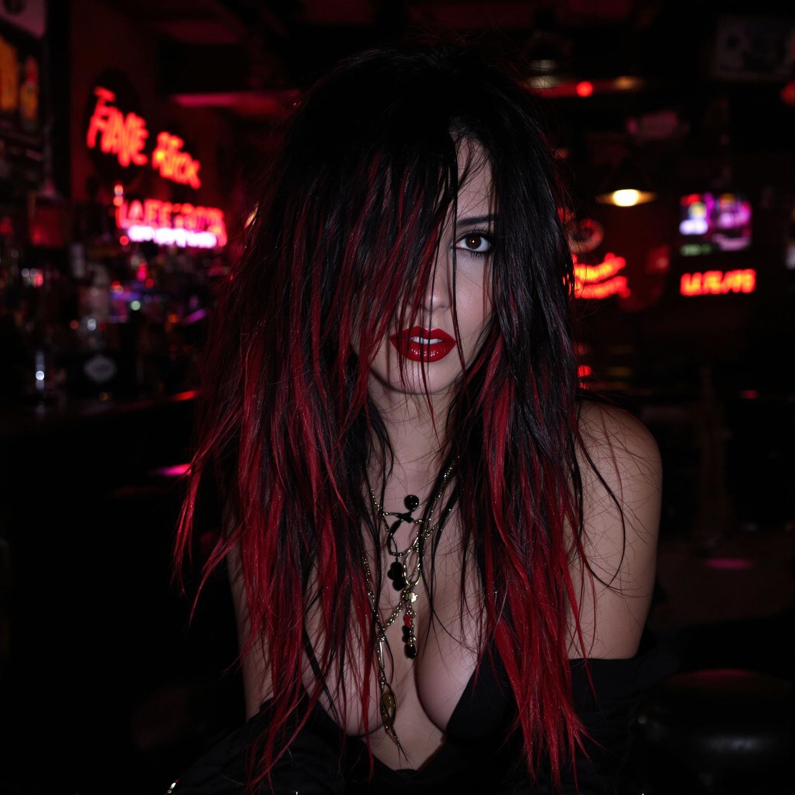 Enchanting Punk-Rock Goddess in Neon Bar
