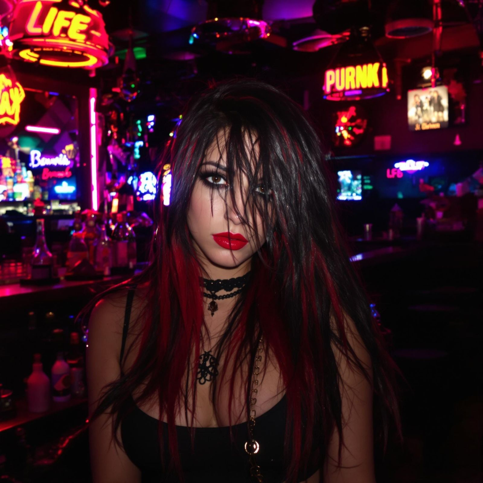 Enchanting Punk-Rock Artist in Neon-Lit Bar