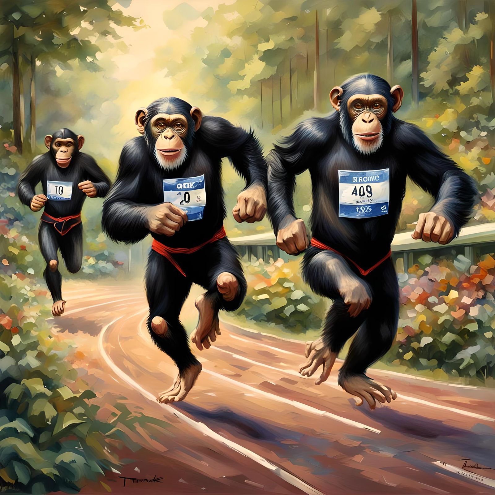 Chimpanzees Run 100m Relay: Kinkade-esque Illustration