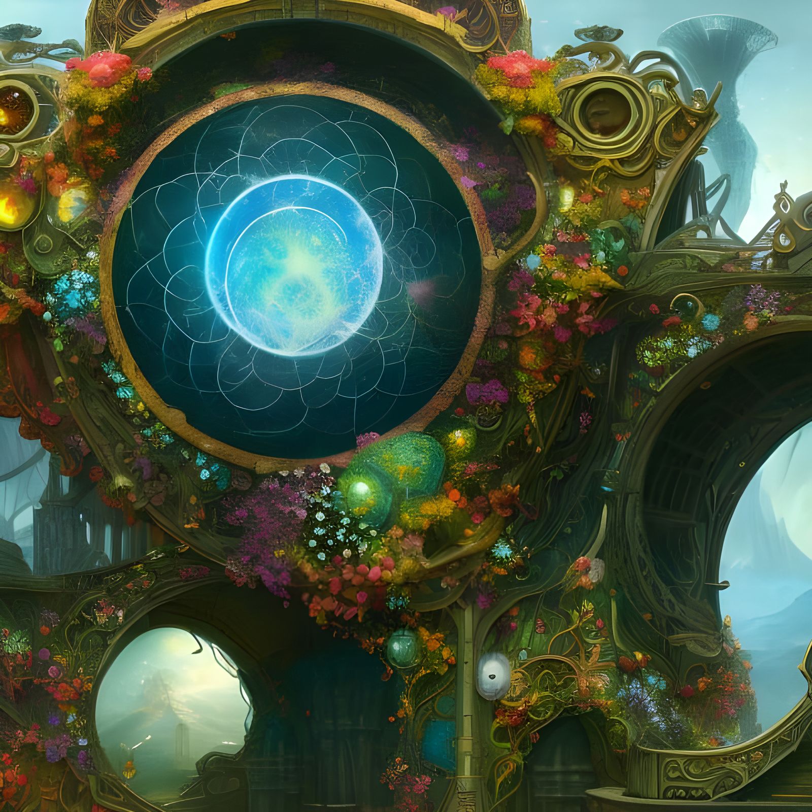 Cosmic Flower Blossom in Glass Ball, Art Nouveau Rococo