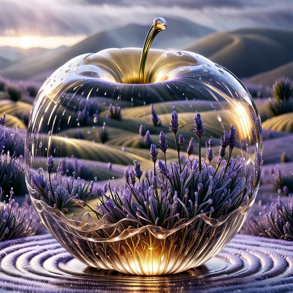 Golden Apple with Lavender Field, Hyperrealistic Render