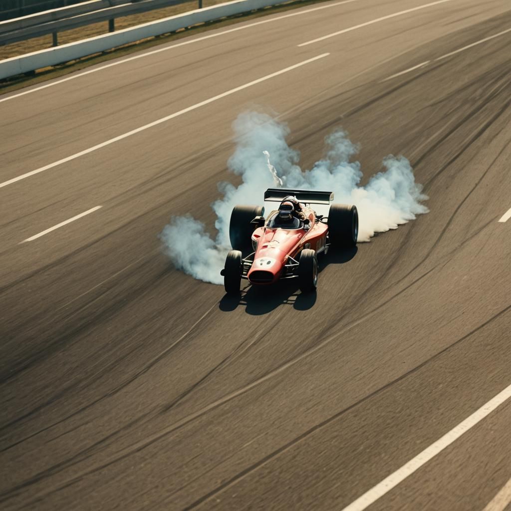 Smoking Race Car Speeds on Track: Cinematic Still