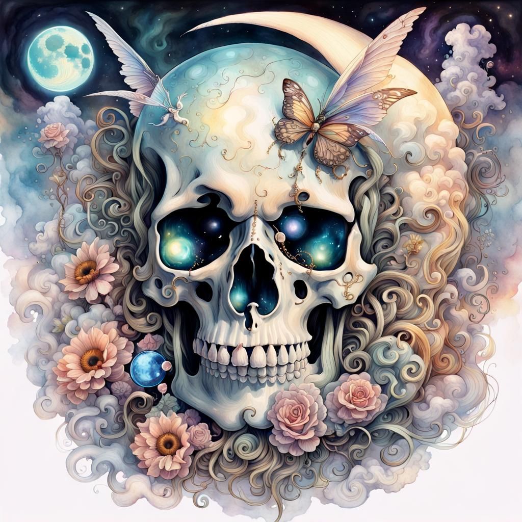 Intricate Skull with Magical Liquid in Watercolor Style
