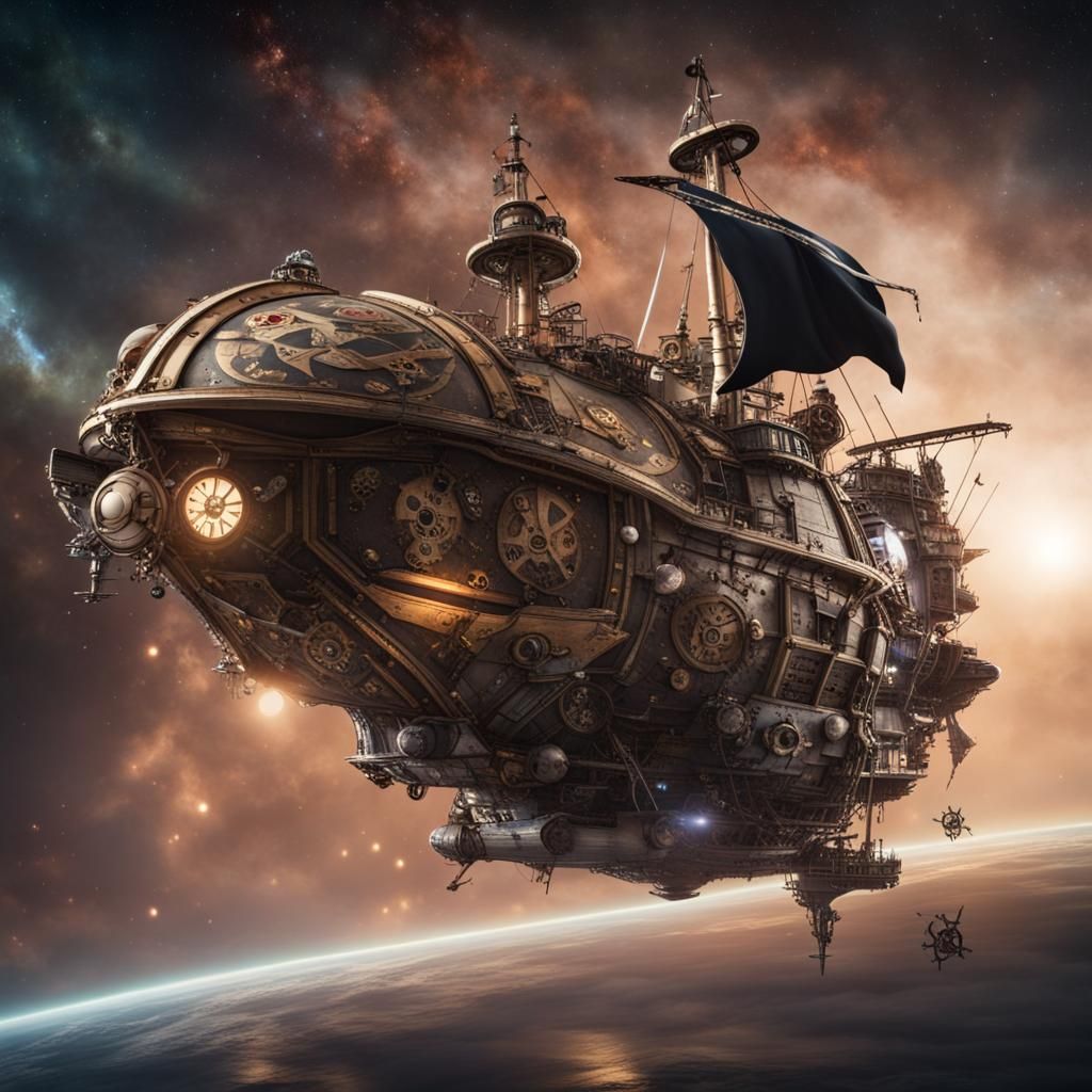 Steampunk Pirate Ship Soaring Across Galaxy