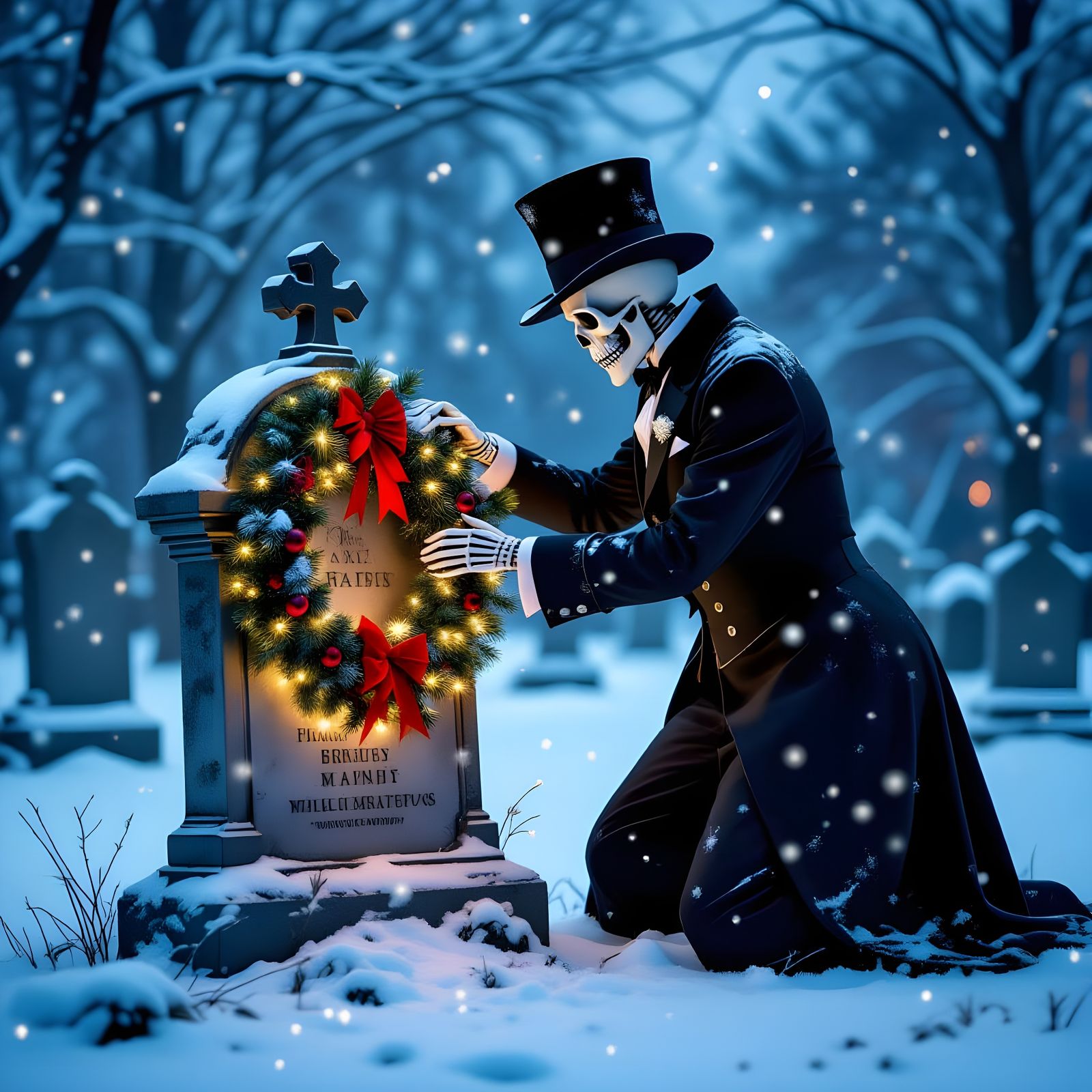 Skeleton Undertaker Decorates Tombstones for Christmas