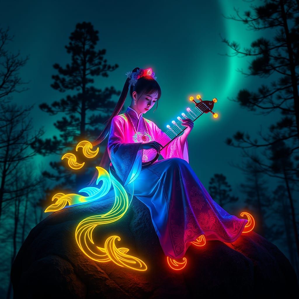 Neon Chinese Girl Playing Gu Zheng, Digital Art