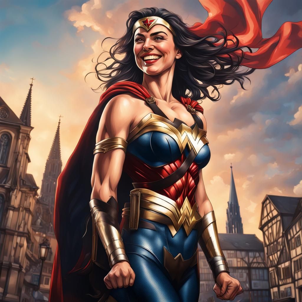 Wonder Woman Smiles Over Strasbourg: Hyperrealistic Splash A...