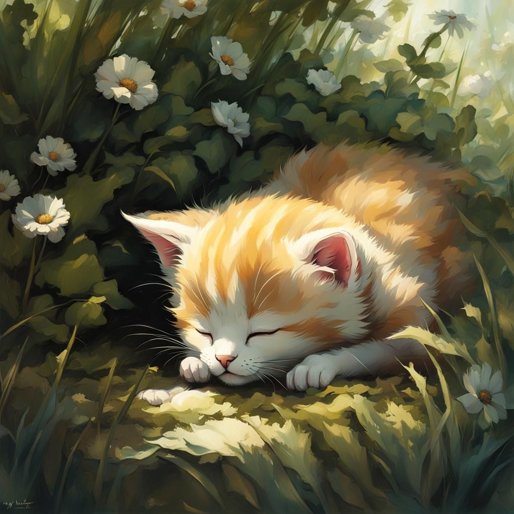 Cute Kitten Cub Sleeping in Garden: Digital Painting