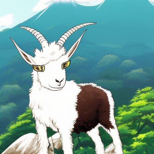 Anime Billy Goat in Mountain Scenery