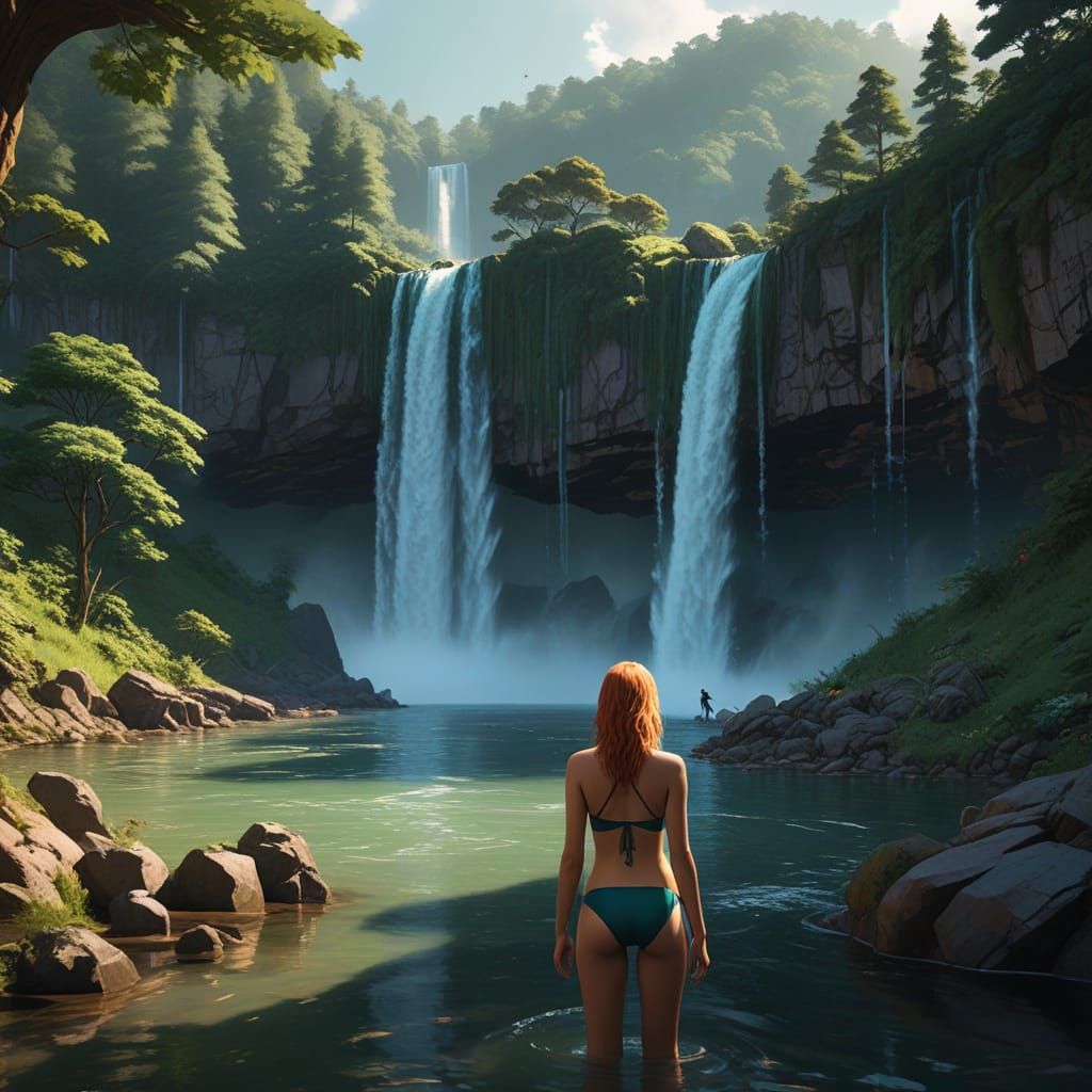 Girls in Hyperrealistic Mountain Lake Scene