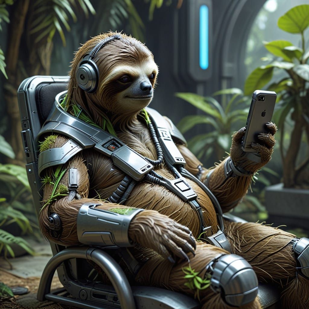 Futuristic Android Sloth in Dreamlike Slumber