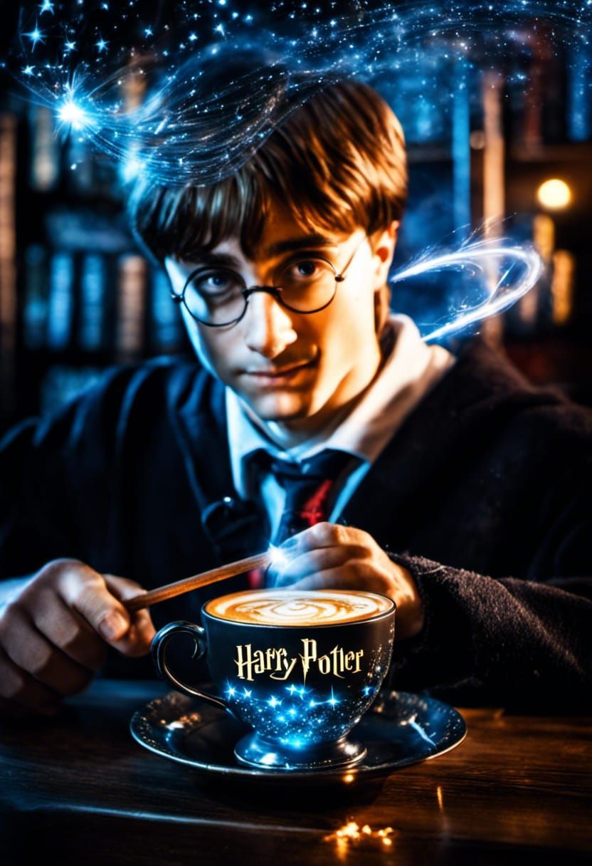 Harry Potter's Magical Coffee Break: Hyperrealistic Close-Up