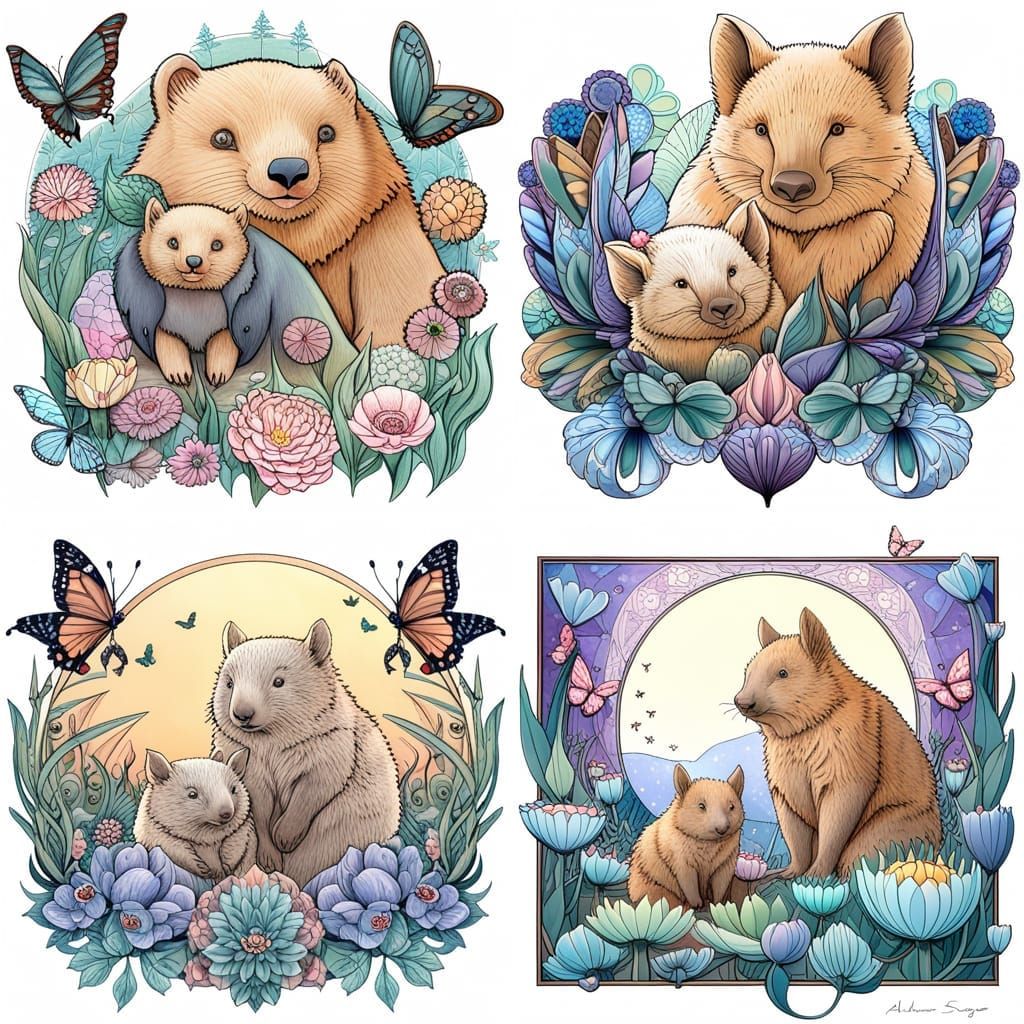 Wombat Mother and Baby in Mystical Flower Garden