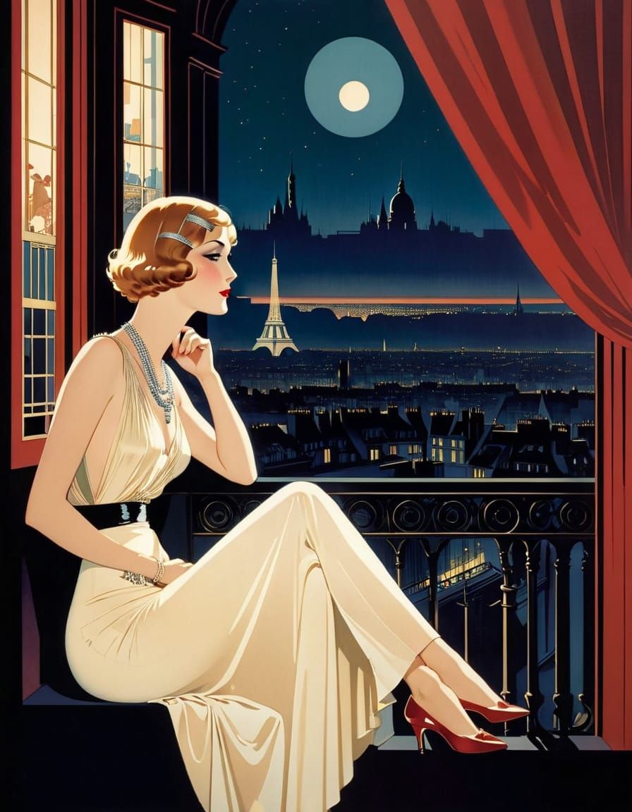 Elegant Flapper on Parisian Rooftop, Art Deco Poster