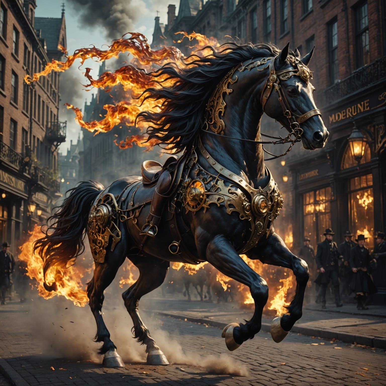 Steam Punk Horse Charging Under Moonlight