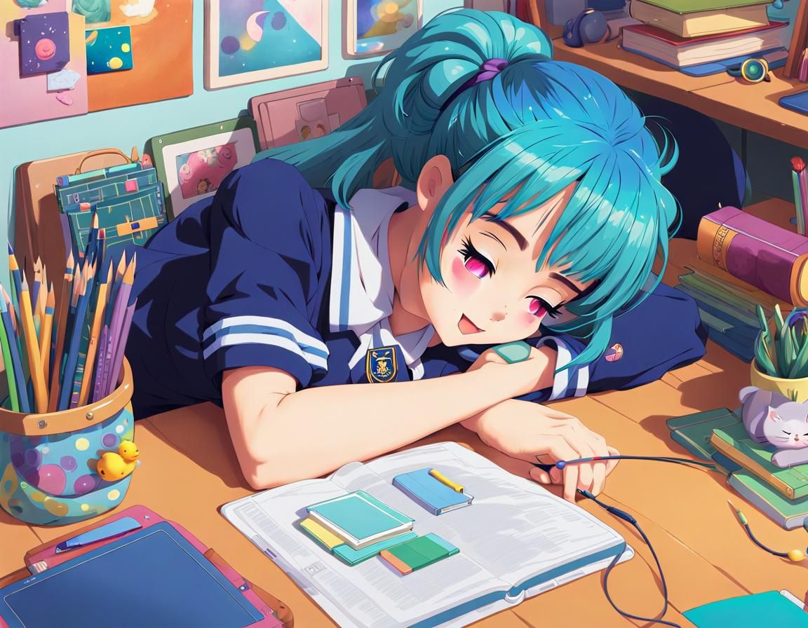 Anime Girl Sleeping with Colorful Items, 3D Art