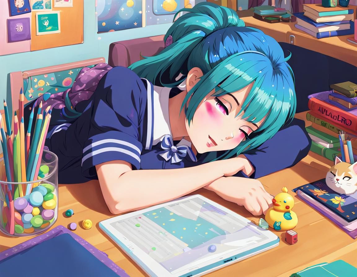 Anime Girl Napping at Desk in Colorful Room