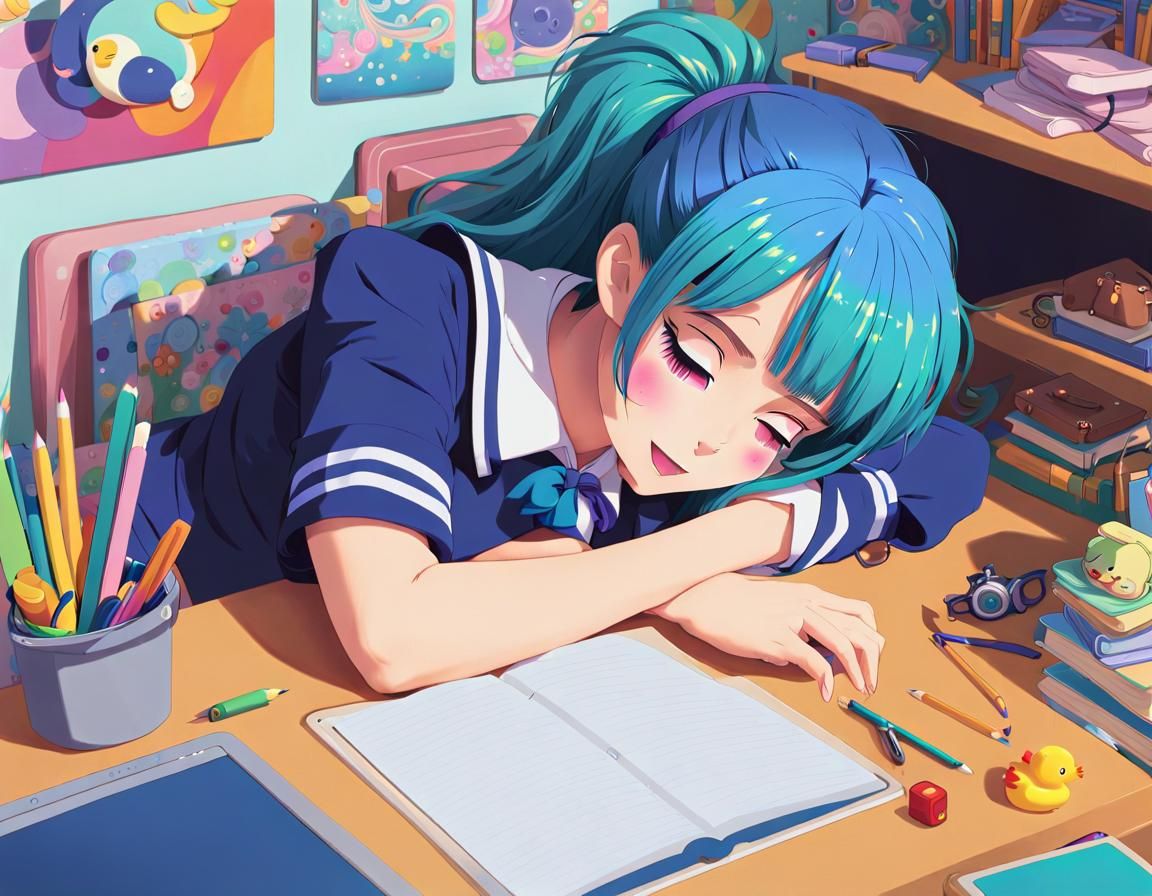 Anime Girl Sleeping Surrounded by Colorful Objects