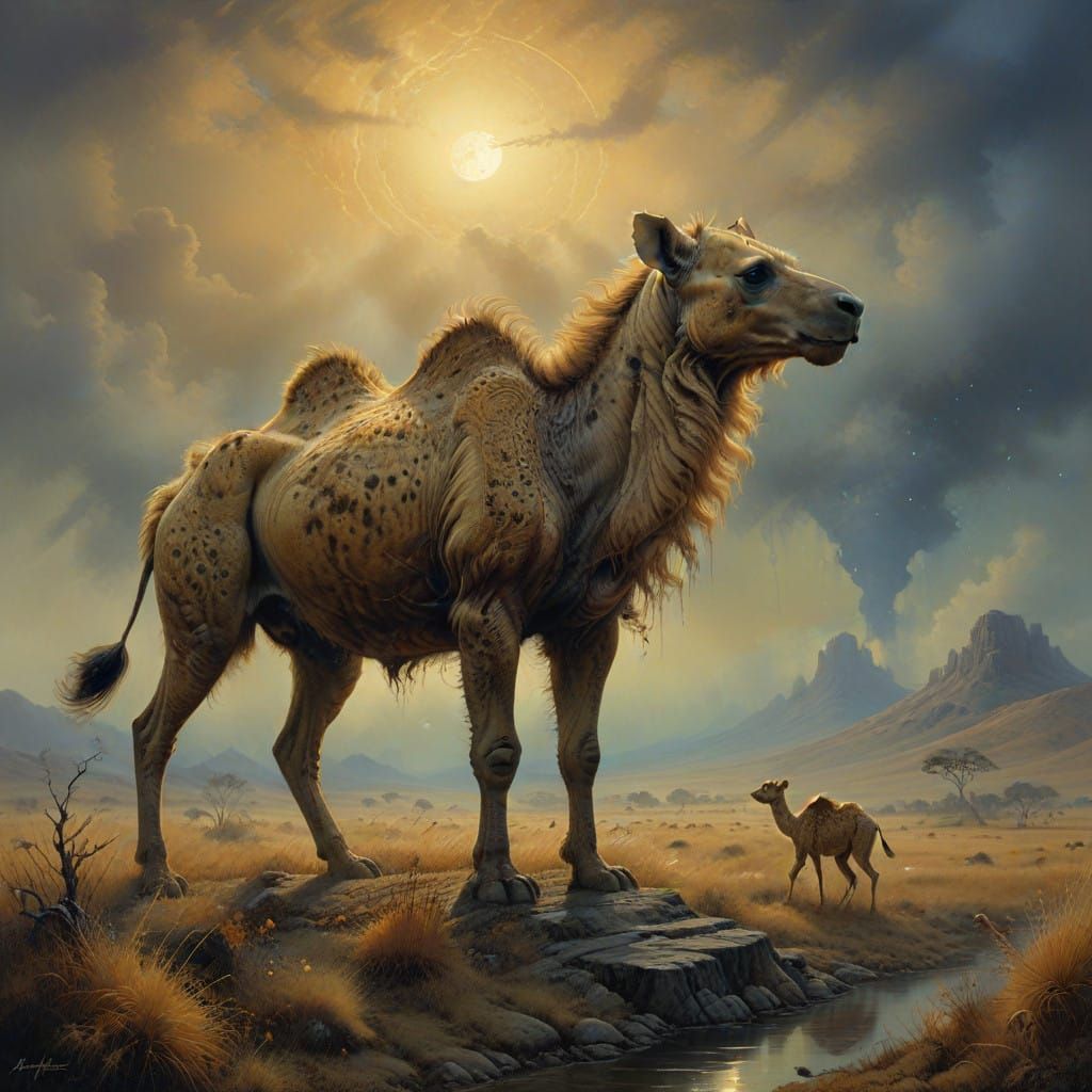 Majestic Camel-Hyena Hybrid in an Ethereal Savannah