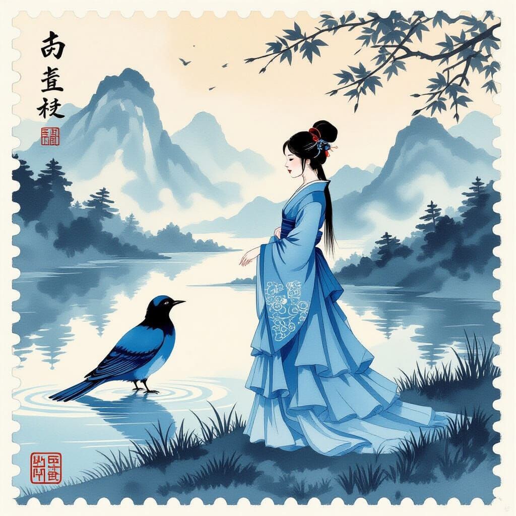 Sumi-e Postage Stamp: Girl and Blue Bird