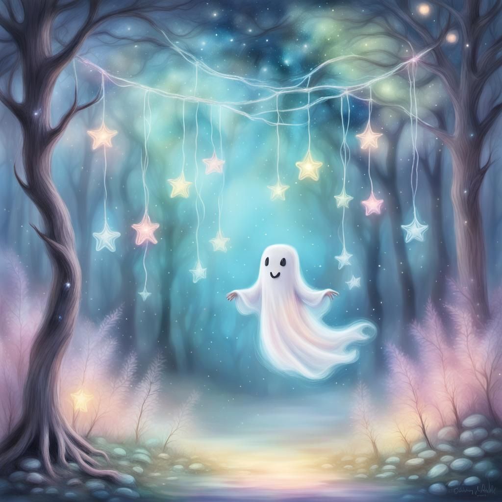 Ghost on Swing in Ethereal Forest, Pastel Chalk Art