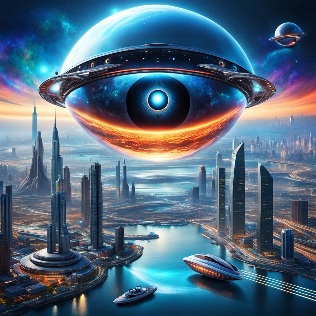 Futuristic Eye Spacecraft Over Cosmic Cityscape