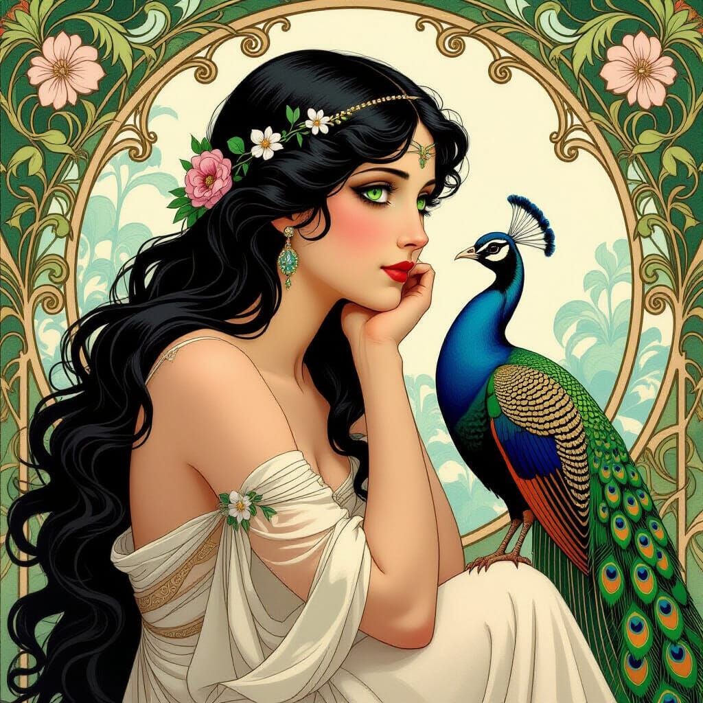 Art Nouveau Aphrodite Contemplates with Peacock