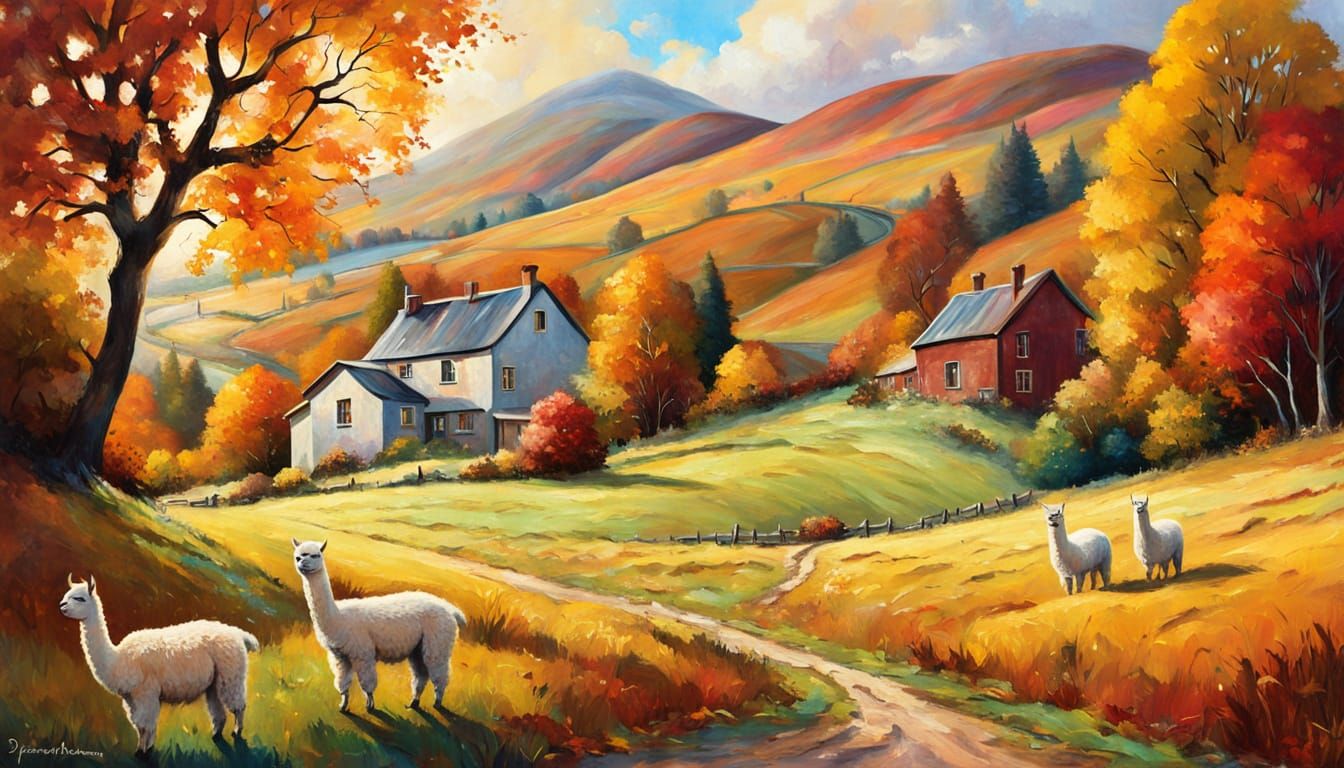 Autumn Home with Alpacas on Rolling Hill, Neo-Impressionist ...