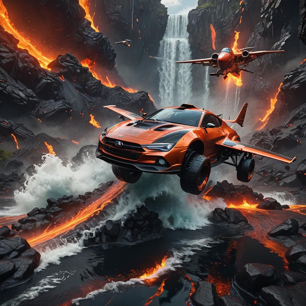 Lava Car Driving in Water: Detailed Matte Painting